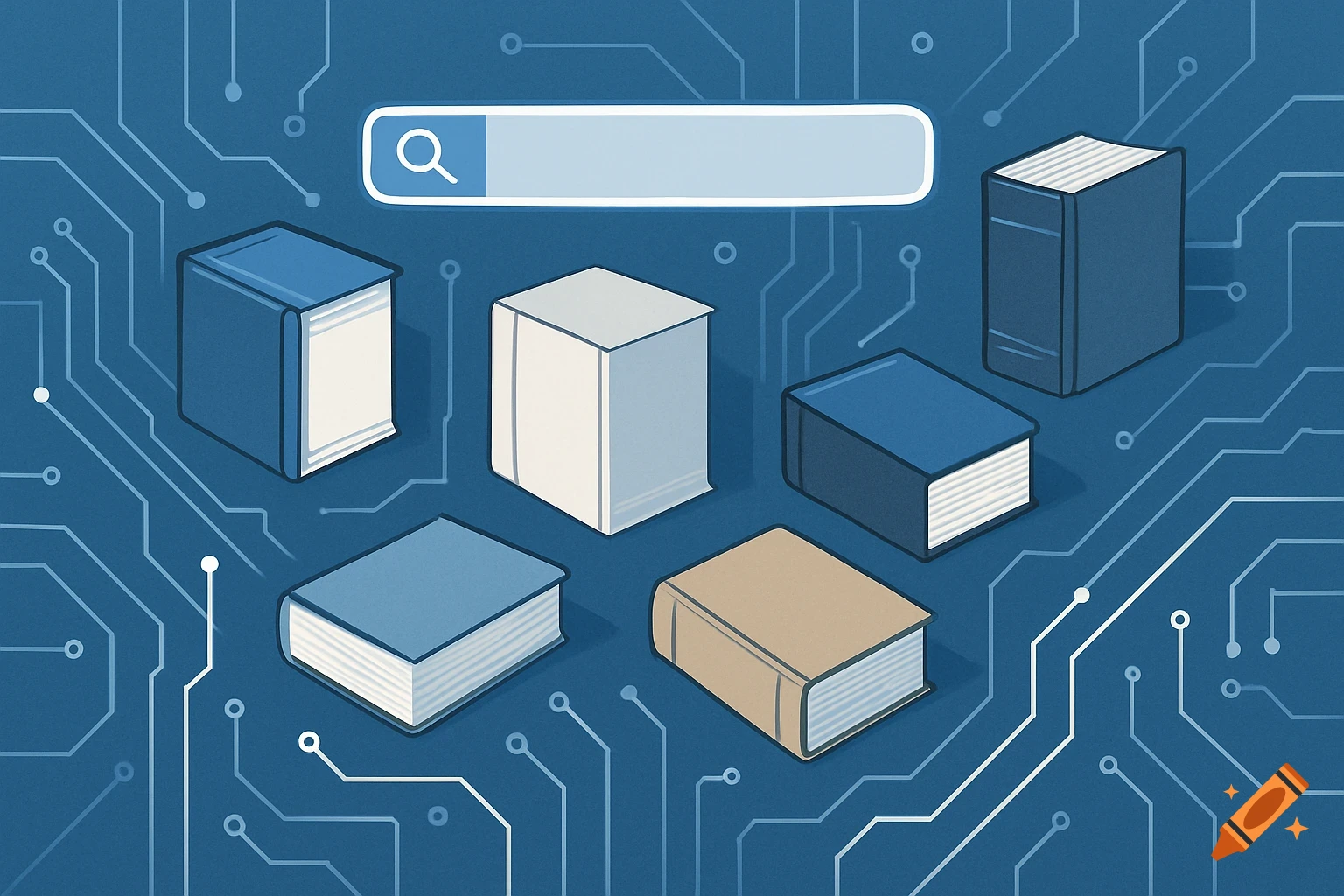 An illustration of multiple books arranged on a blue background resembling a circuit board, with a search bar above.