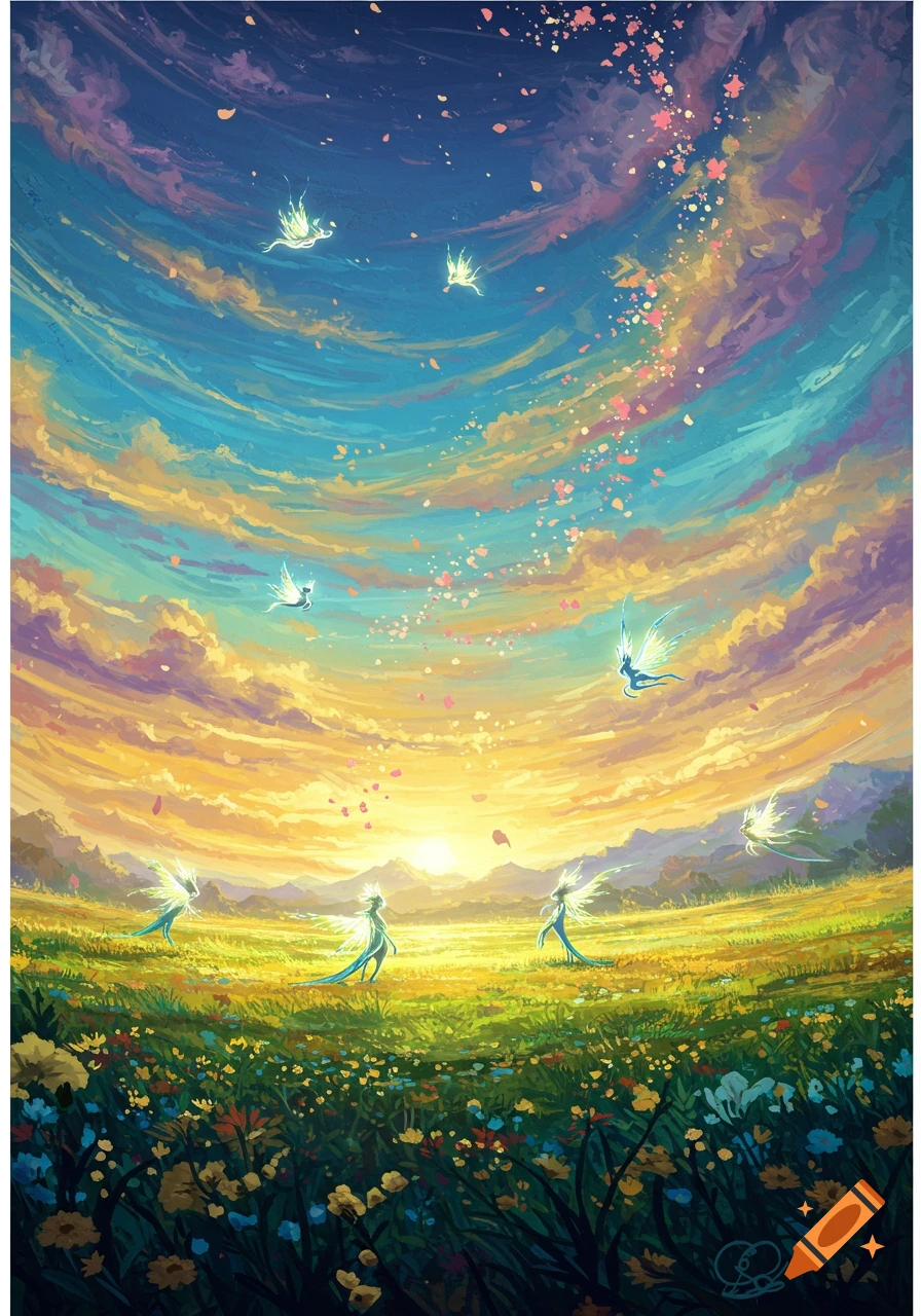 Ethereal figures in a flower field under a dramatic sunset sky with floating glowing particles.