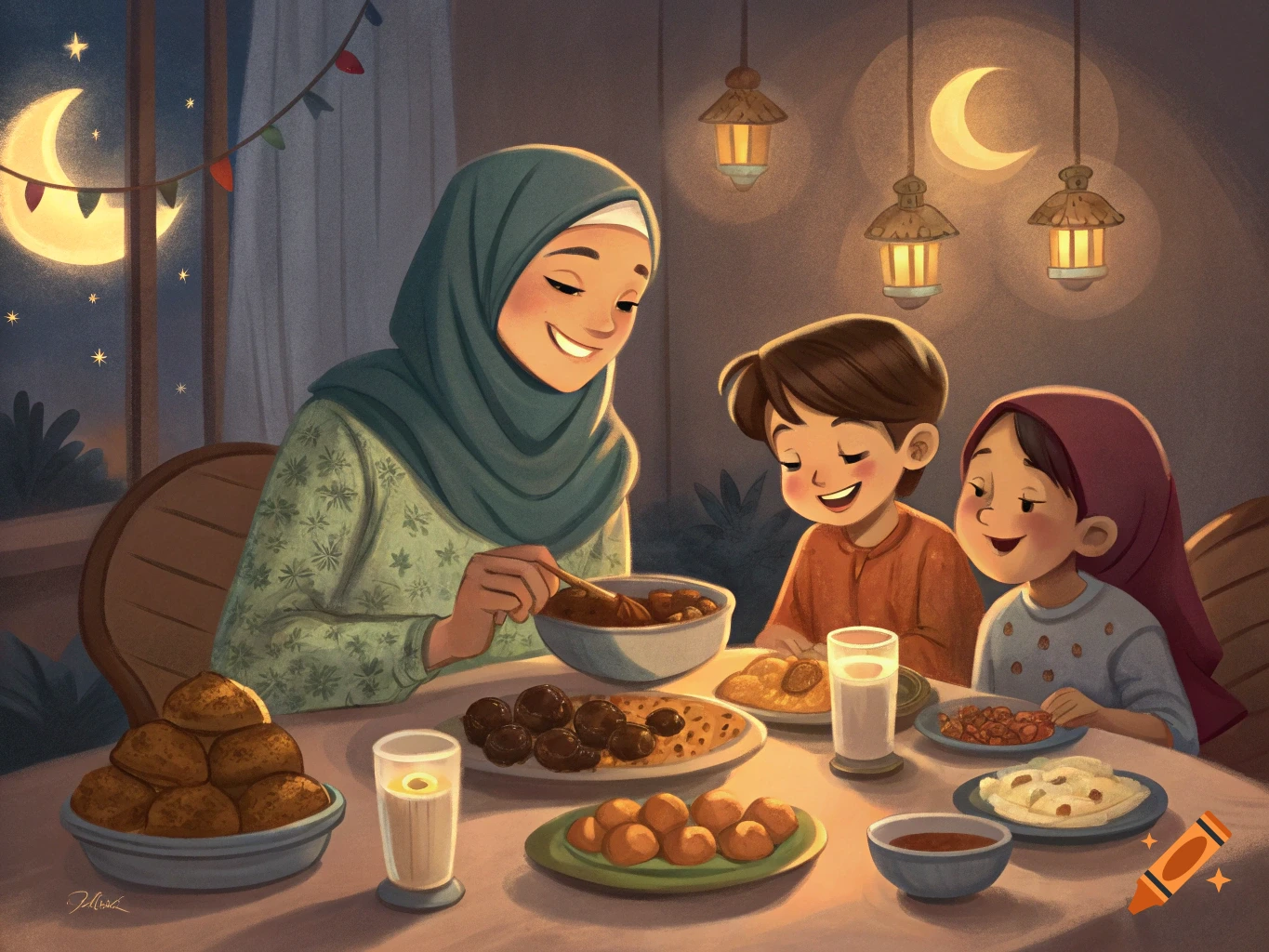 A mother and two children eat dinner at a table with crescent moons and lanterns in the background, illustration style.
