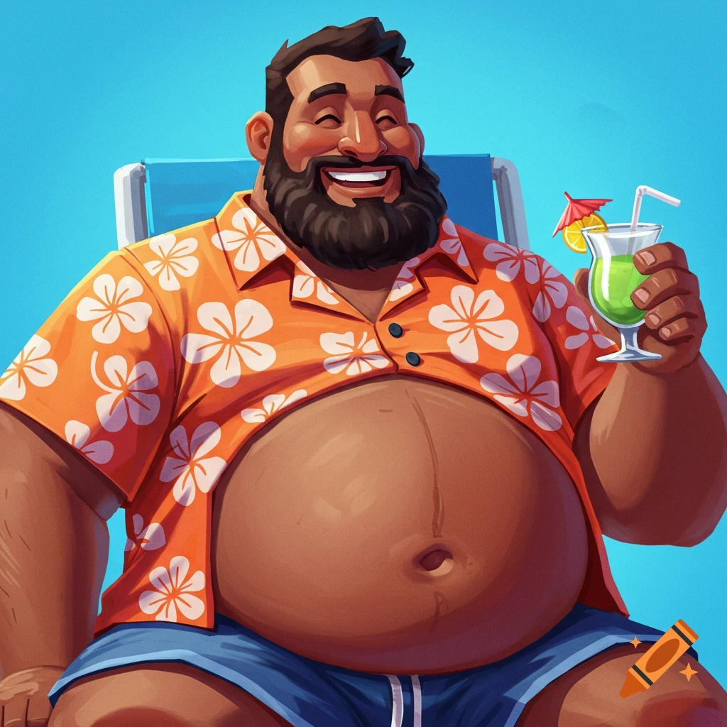 A smiling bearded man with a round belly holds a tropical drink, wearing a Hawaiian shirt and shorts.