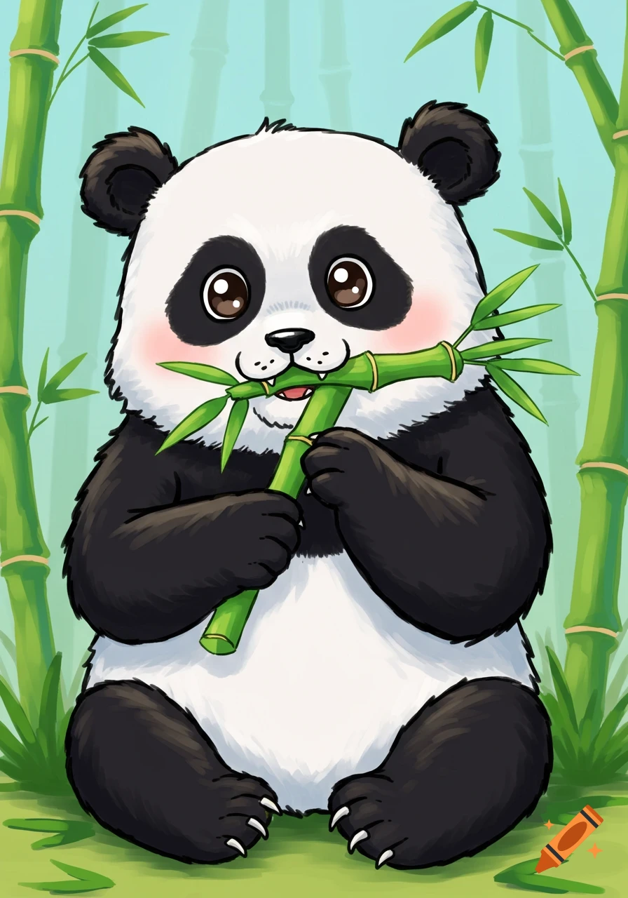 A cute cartoon panda sits amongst bamboo stalks, happily eating a large piece of bamboo.