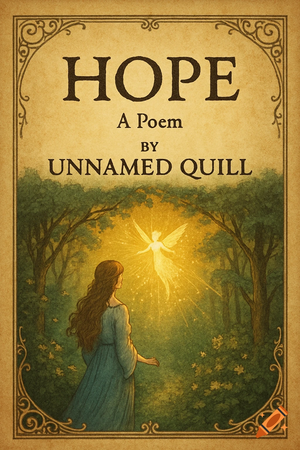Vintage book cover illustration of a woman in a forest looking at a glowing fairy.