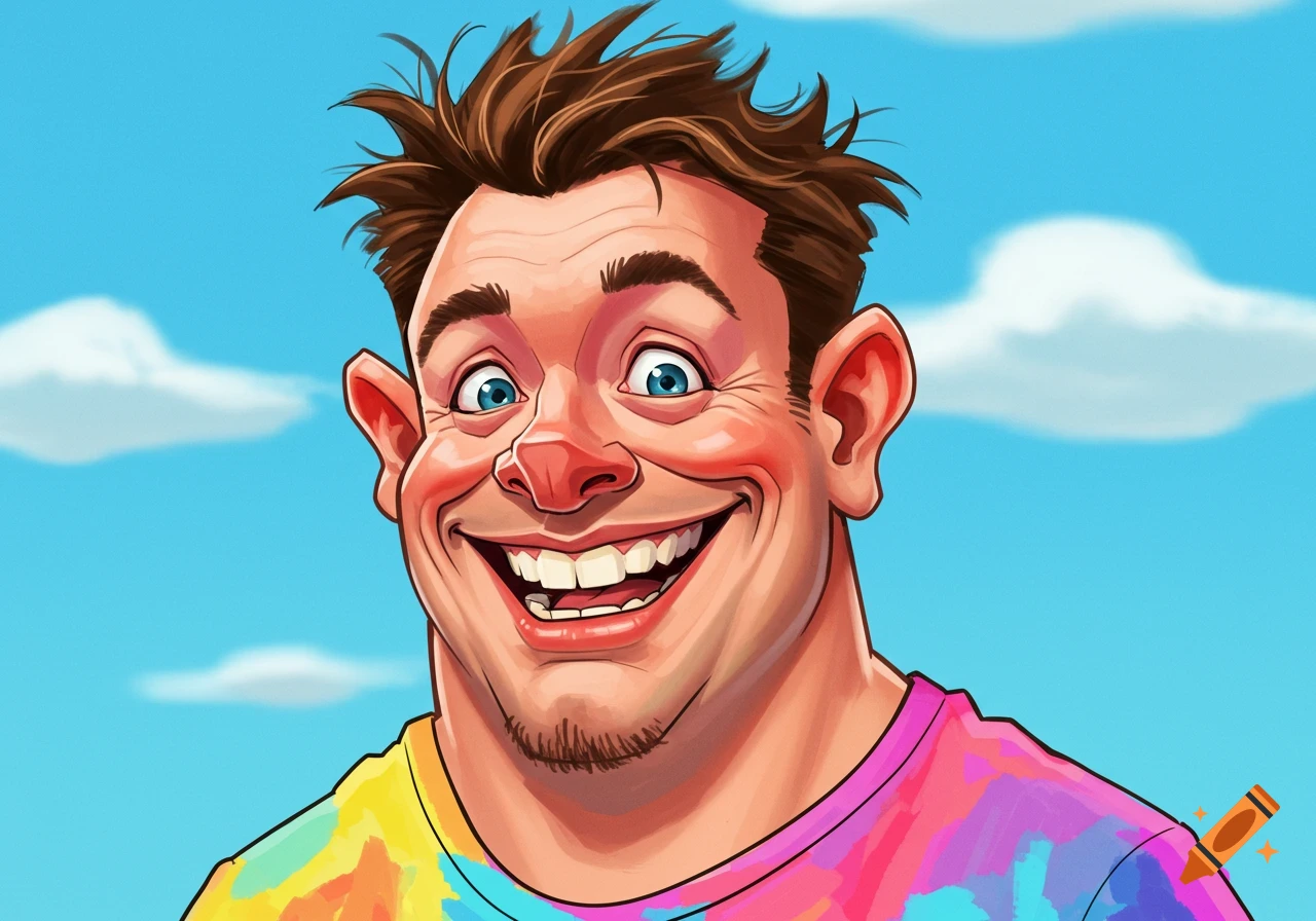 A cartoon caricature of a man's face smiling, with spiky brown hair and a tie-dye shirt, against a sky background.