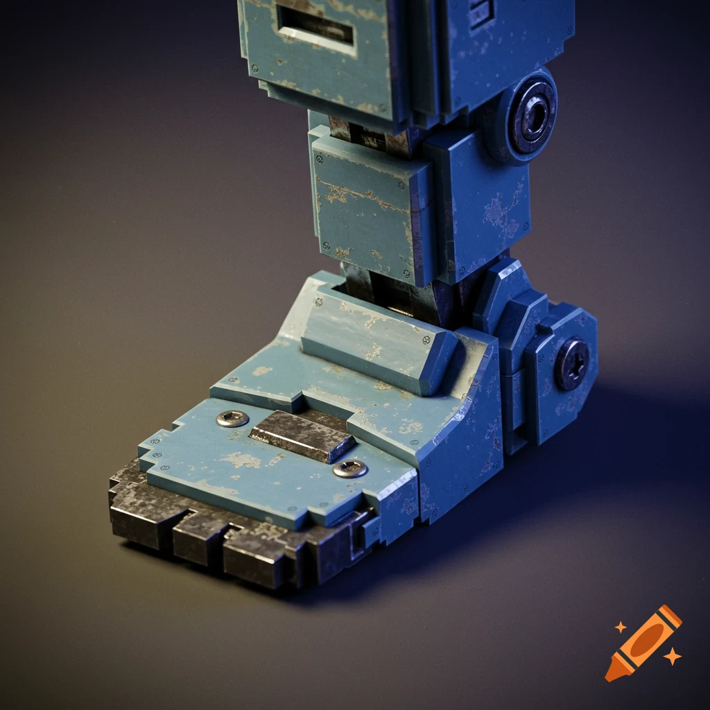 Close-up of a worn blue and silver pixelated robot foot