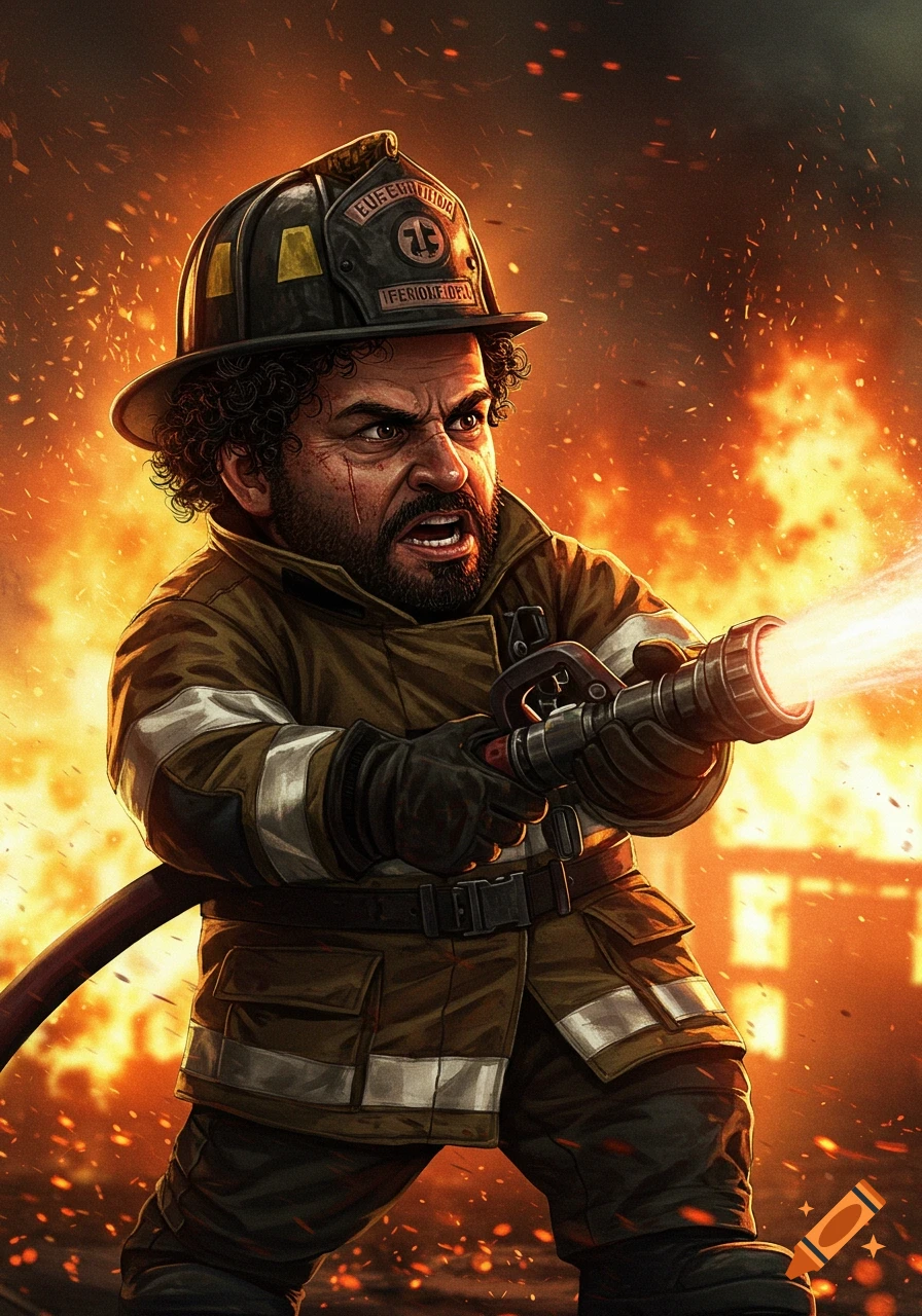 A short, intense firefighter battling a blaze with a hose.