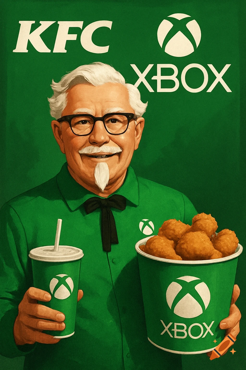 Colonel Sanders is holding a drink and a bucket of chicken.  KFC and Xbox logos are visible, and the background is green.
