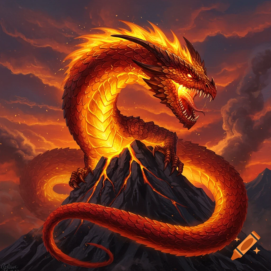 A fiery red dragon on a volcanic peak under a dramatic sky.