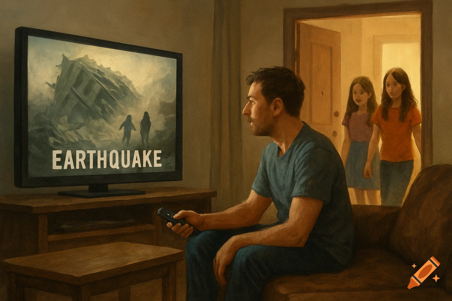 A man is watching a TV displaying an earthquake scene, with two girls entering the room.