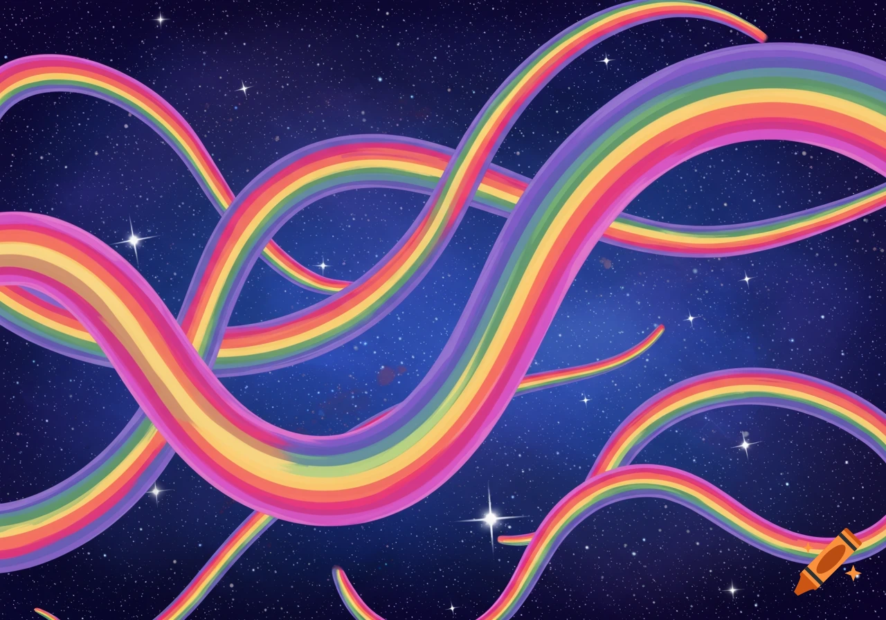 Multiple colorful, wavy rainbows curve across a starry dark blue space background.