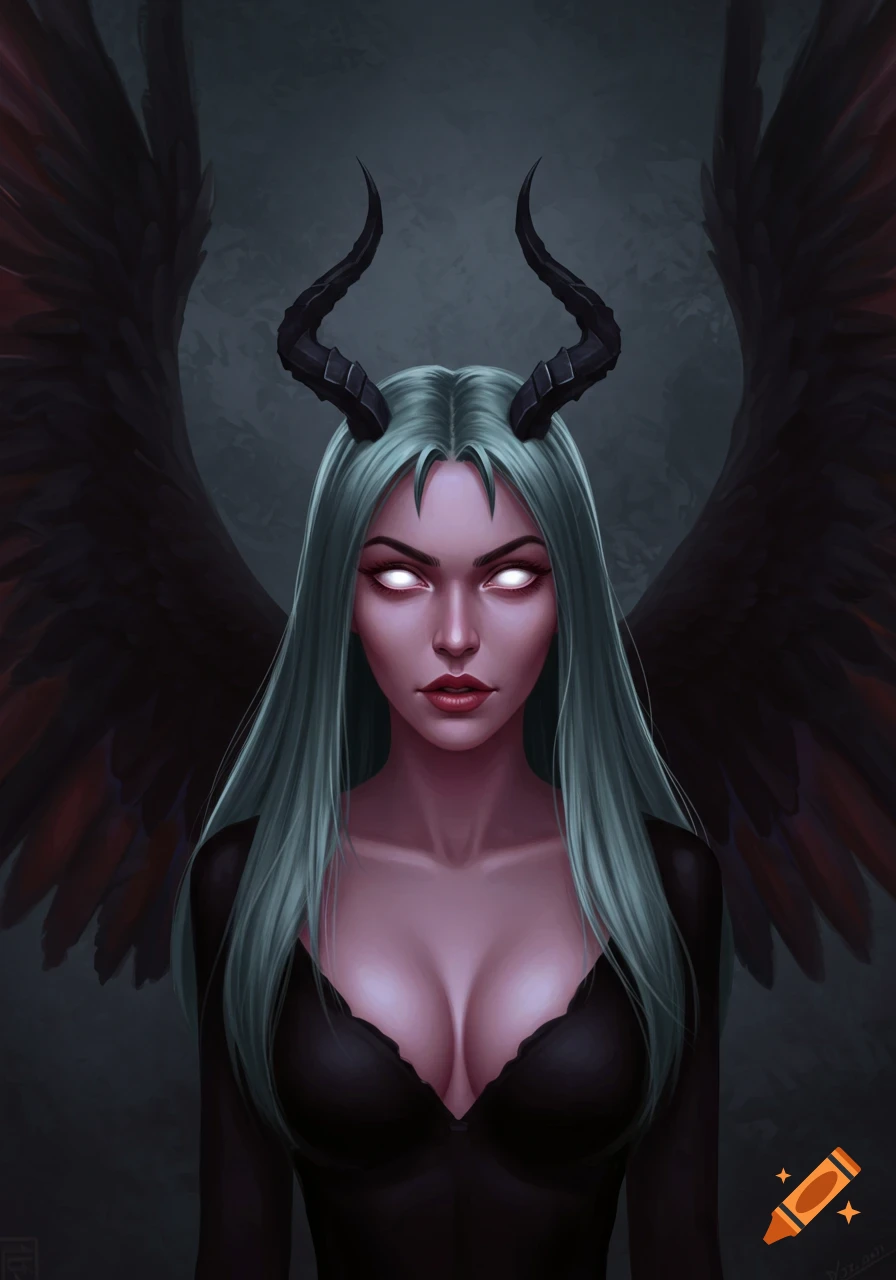 Portrait of a woman with horns, glowing eyes, and black wings