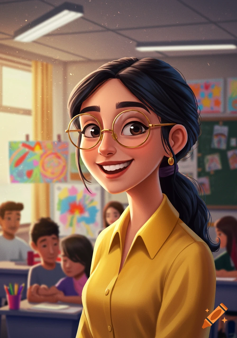 A smiling female teacher in a classroom