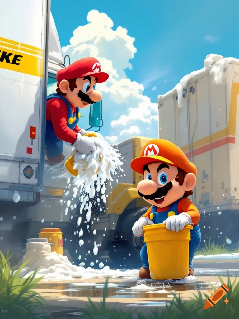 Two characters resembling Mario washing a large white truck with soap suds.