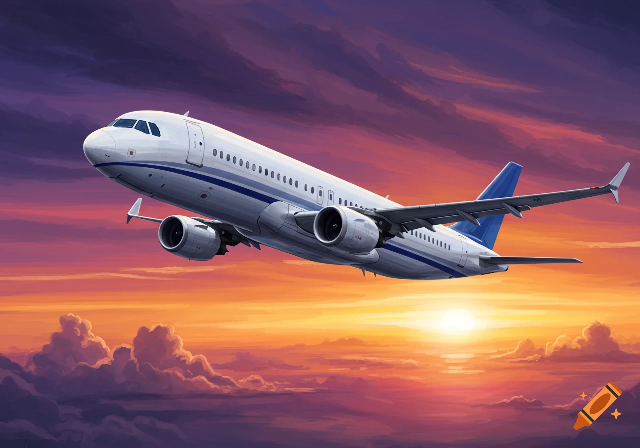 A modern white and blue passenger jet flying through a colorful sunset sky with clouds.