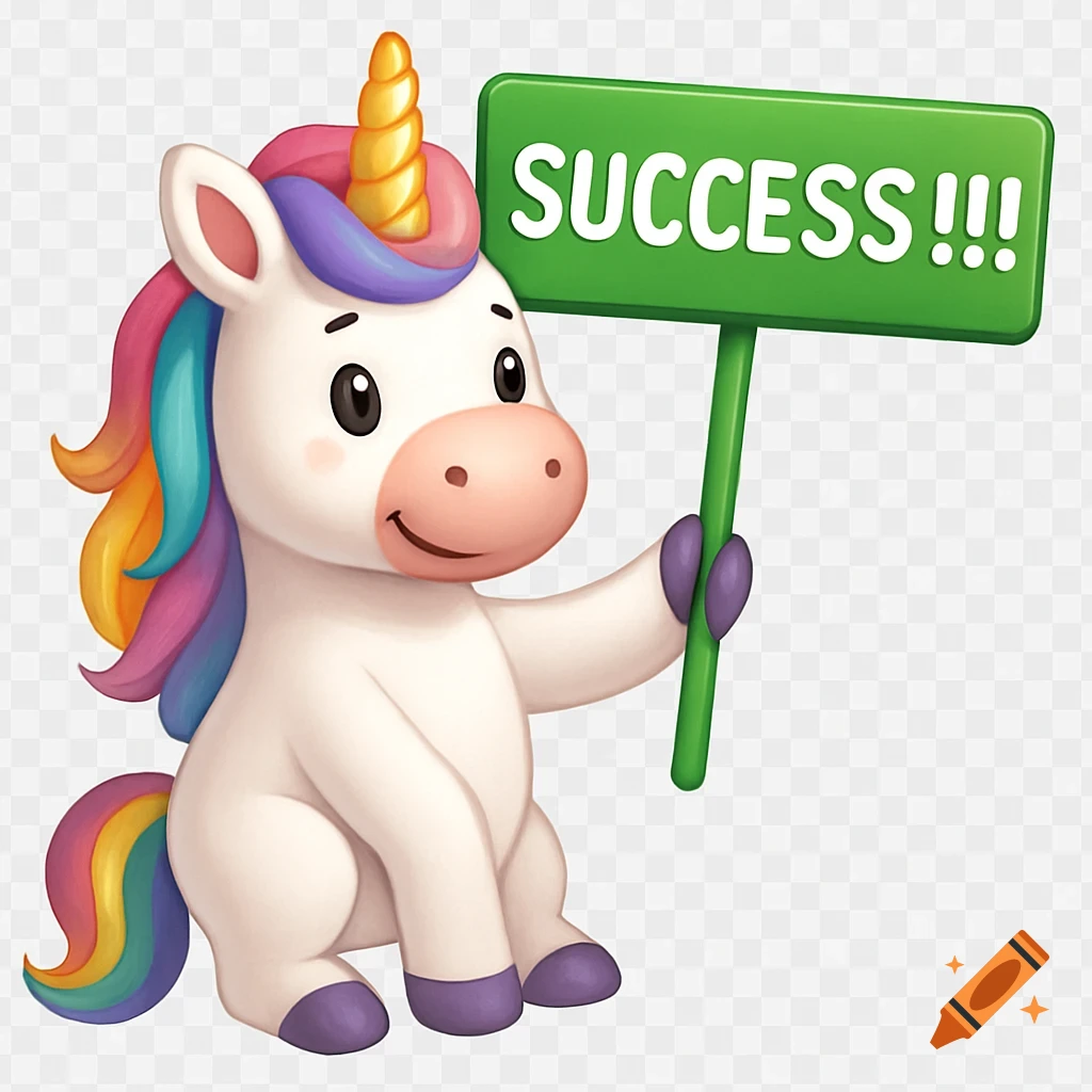 A cute cartoon unicorn holding a sign that says 'SUCCESS !!!'