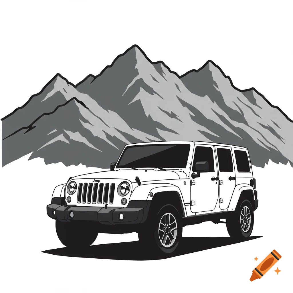 white jeep wrangler clipart in front of mountains