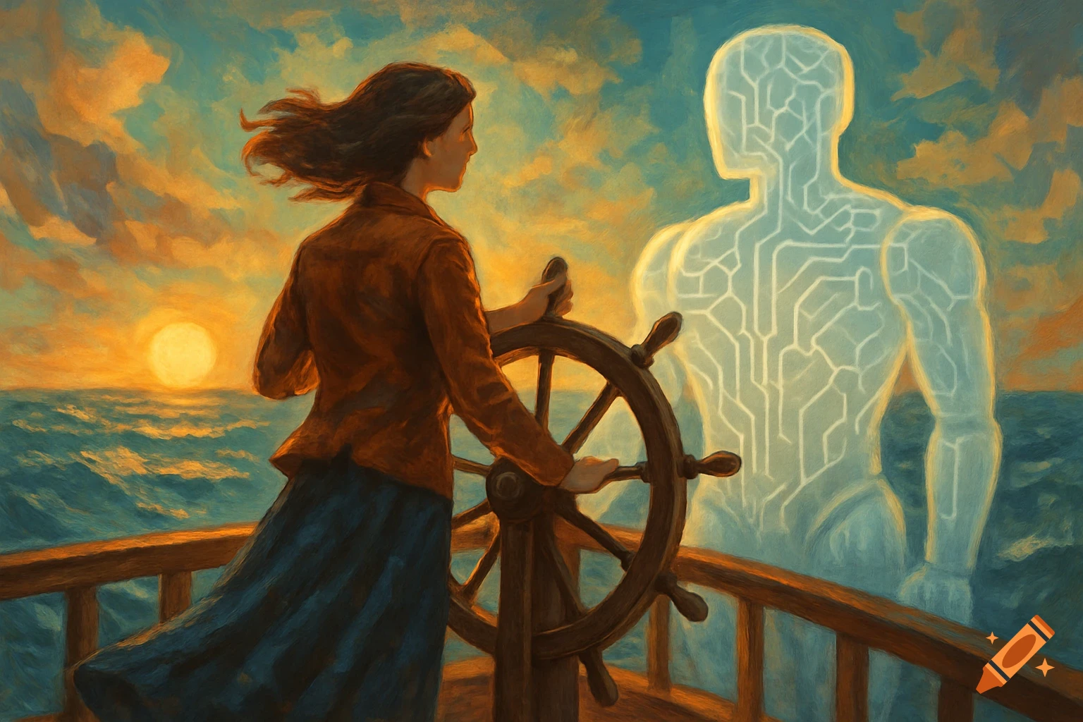 A woman steers a ship while looking at a glowing figure with circuit patterns at sunset.