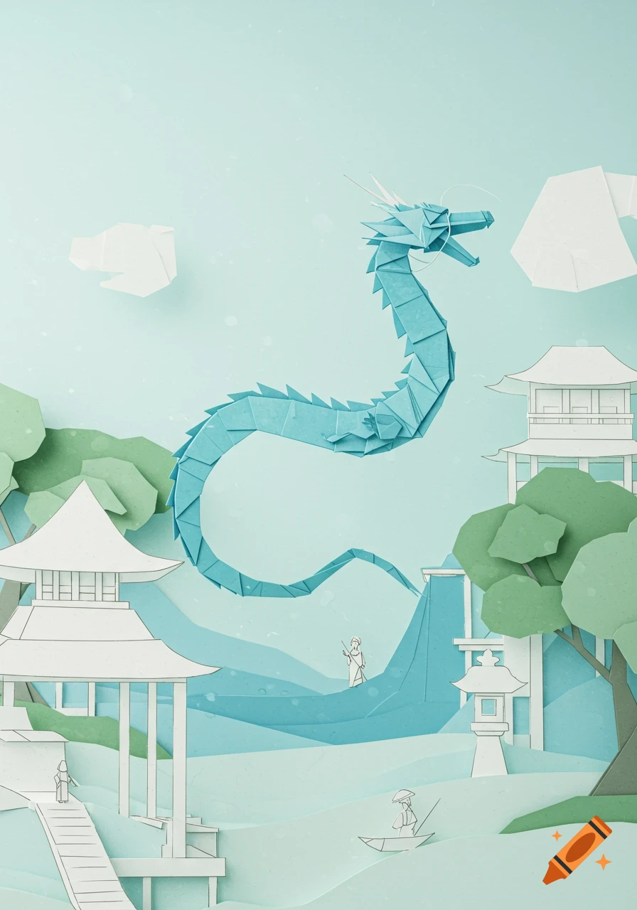 A blue origami dragon flies over a paper landscape with Japanese architecture, trees, and small figures.
