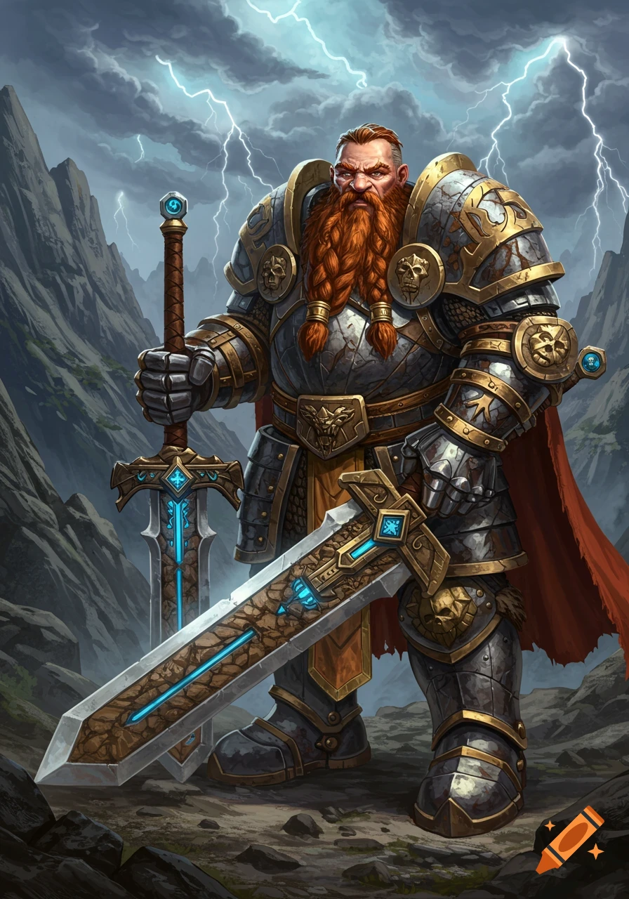 A heavily armored dwarf warrior wields two swords amidst a stormy mountain landscape
