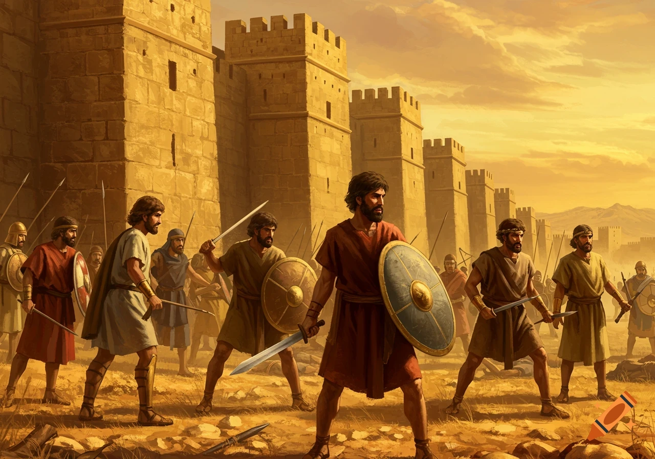 Ancient warriors with swords and shields near stone walls under an orange sky.