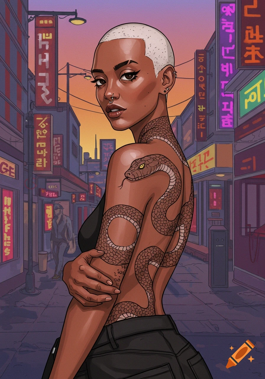 Manhwa art of a woman with white buzz cut and snake tattoos in a neon-lit urban street.