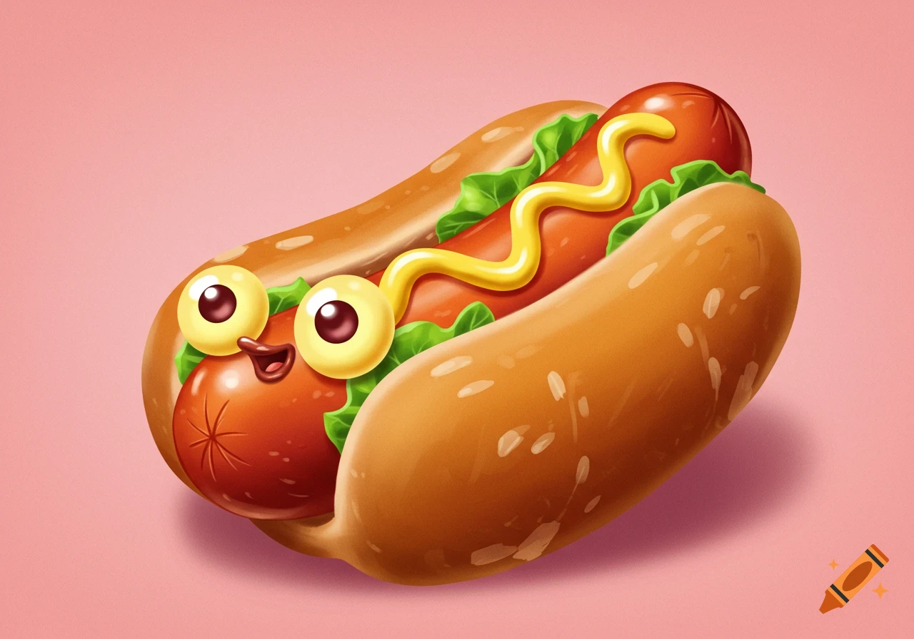 A cartoon hot dog character with eyes and mustard in a bun