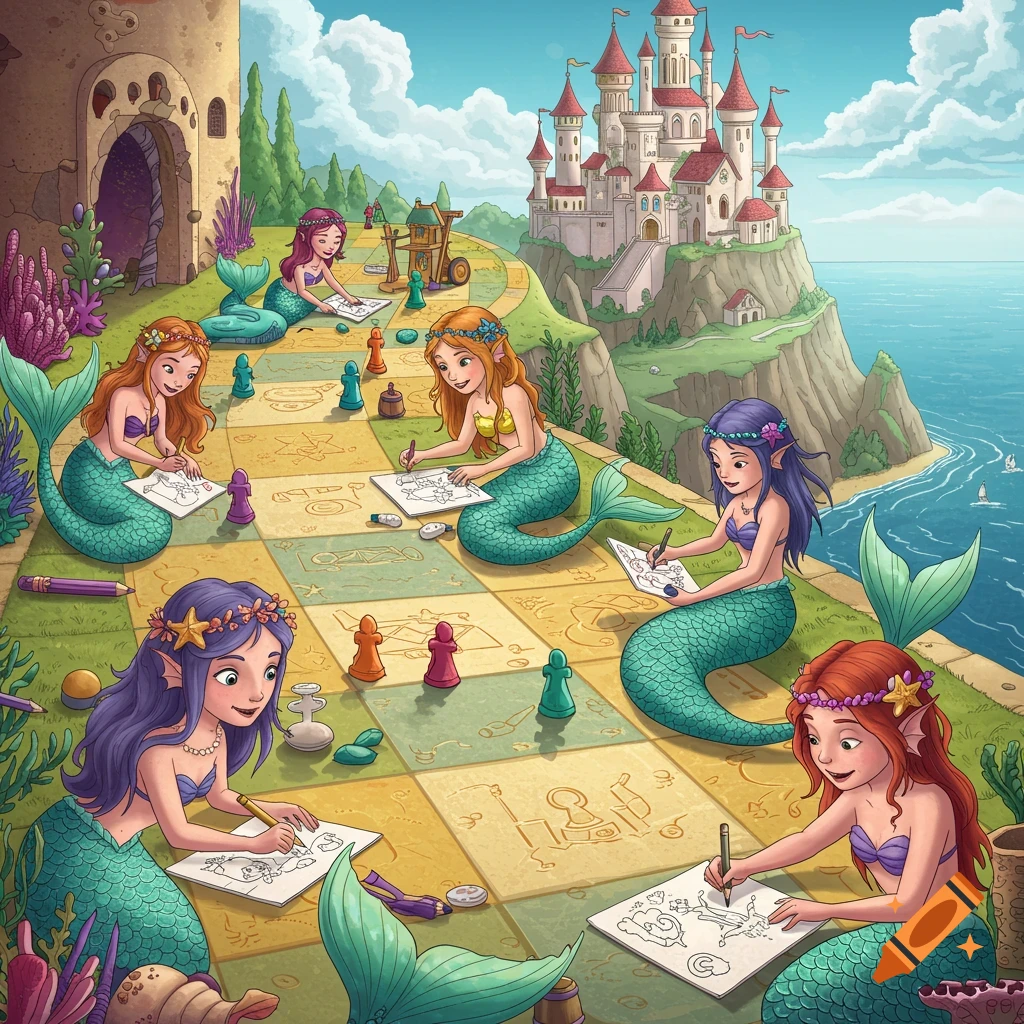 Mermaids drawing on a game board near a castle.