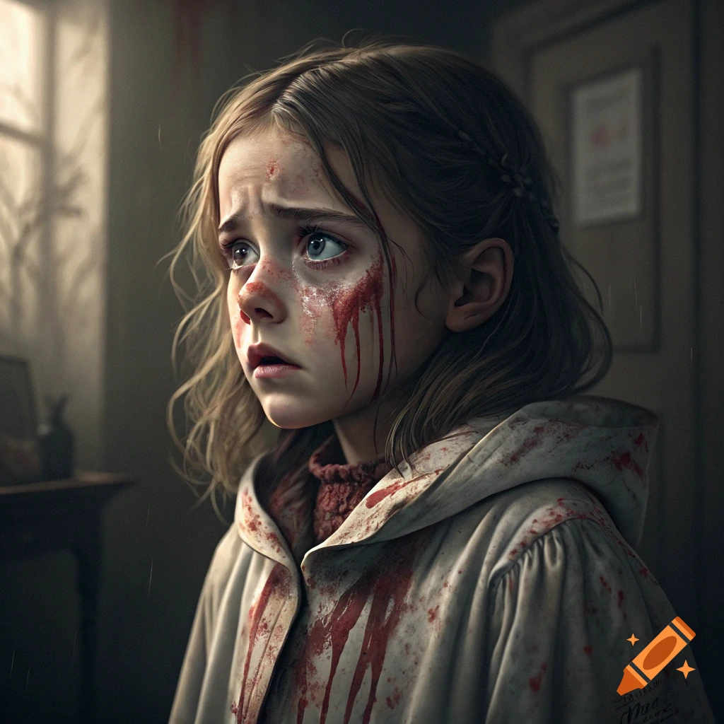 A young girl crying with simulated blood on her face and white coat in an indoor scene, photorealistic style.