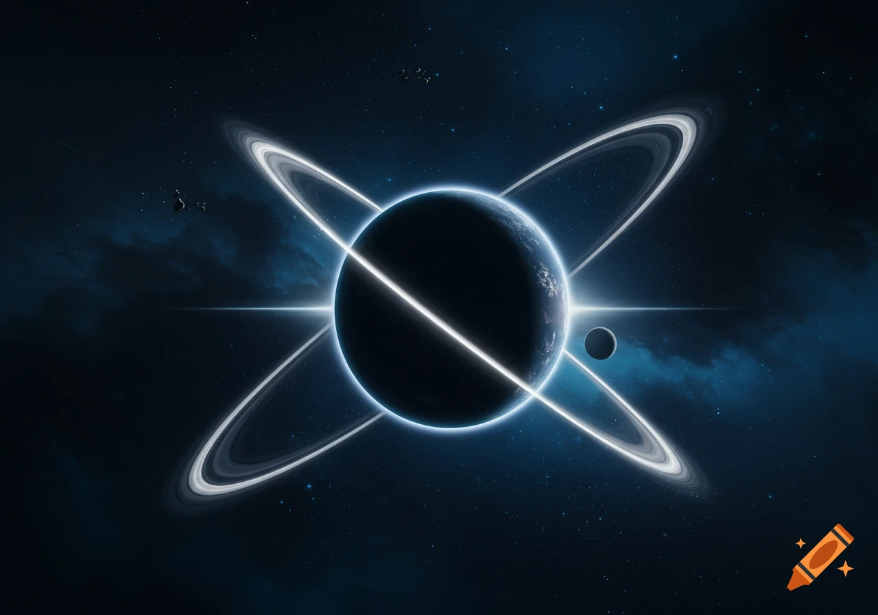 A mystical planet in dark blue and purple space with glowing white rings forming an X.