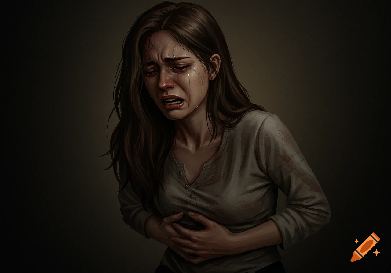 A woman is shown crying and holding her stomach, expressing pain.