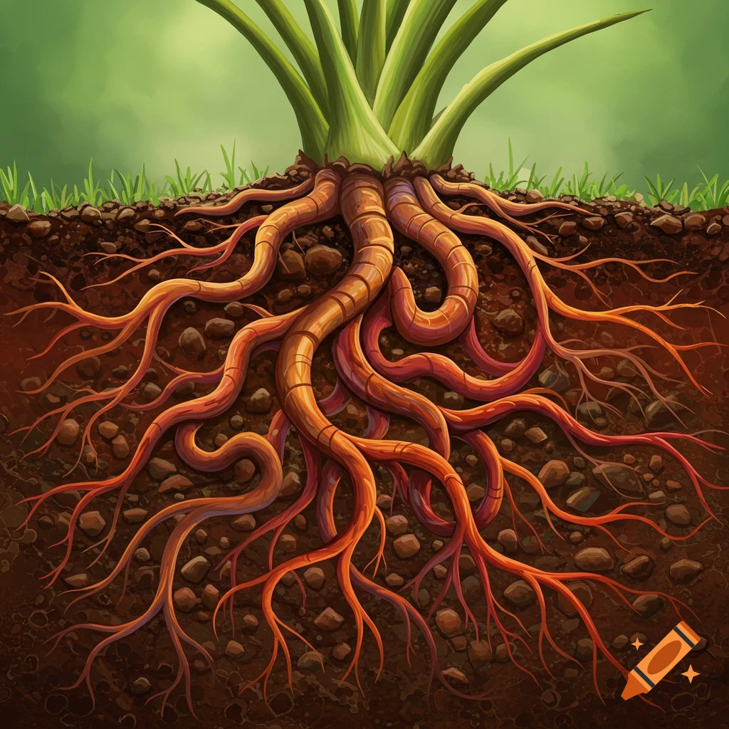 Plant roots growing in dark soil with rocks.