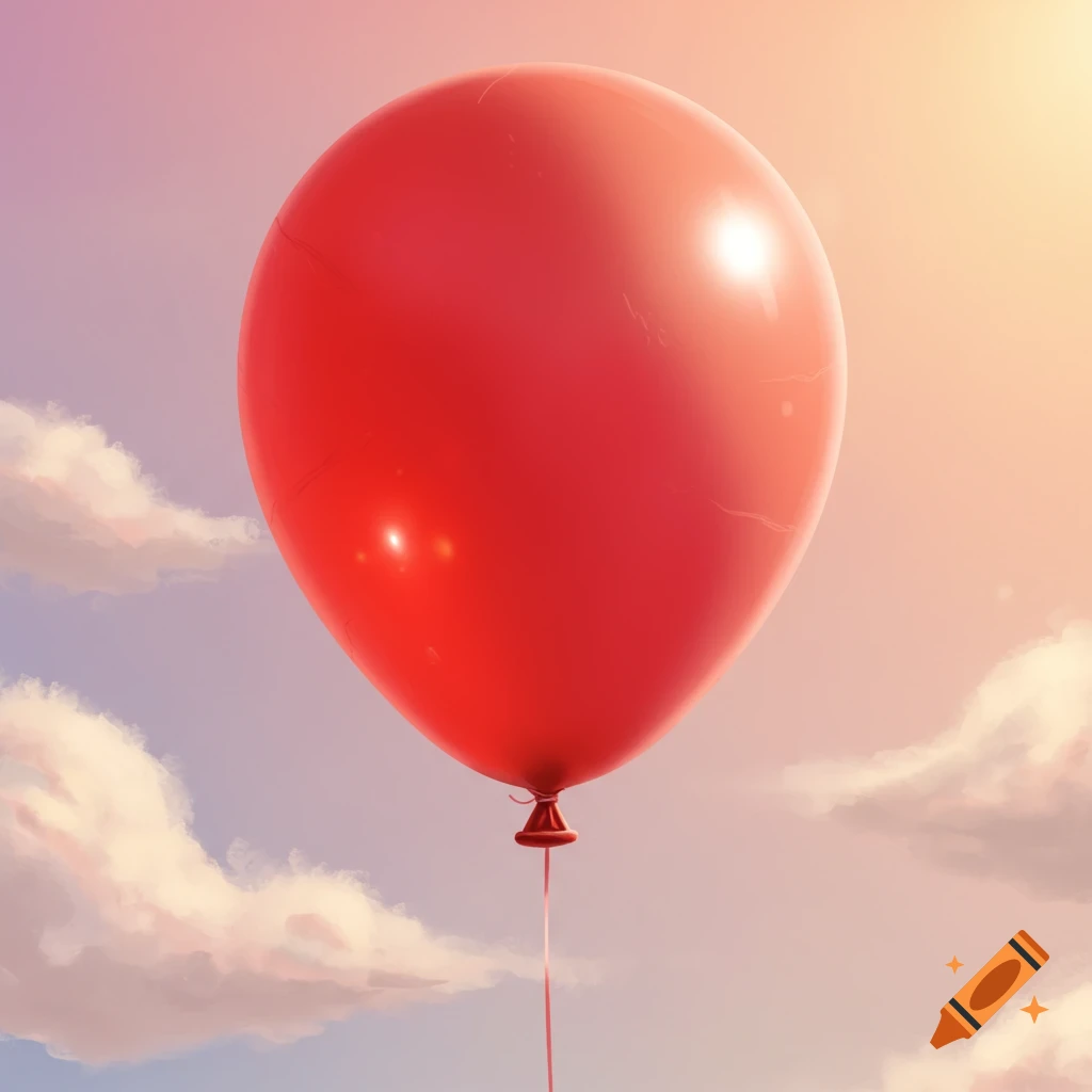 A single red balloon floats in a sunset sky with clouds.