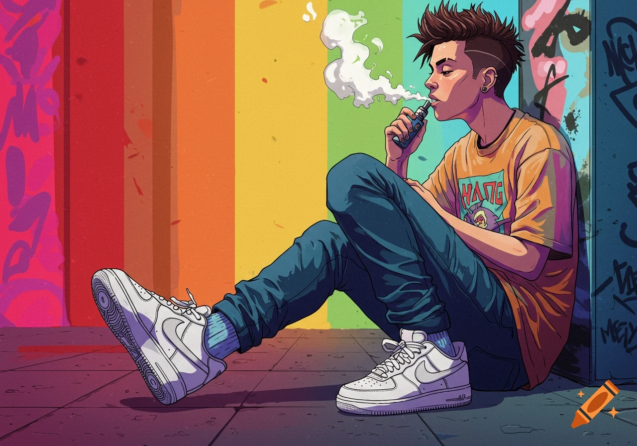 A young person in Nike shoes and vaping, sits against a colorful graffiti wall.