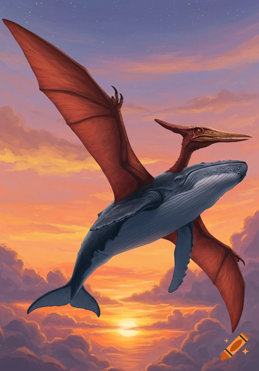 A whale with large red pterodactyl wings flies through a cloudy sunset sky