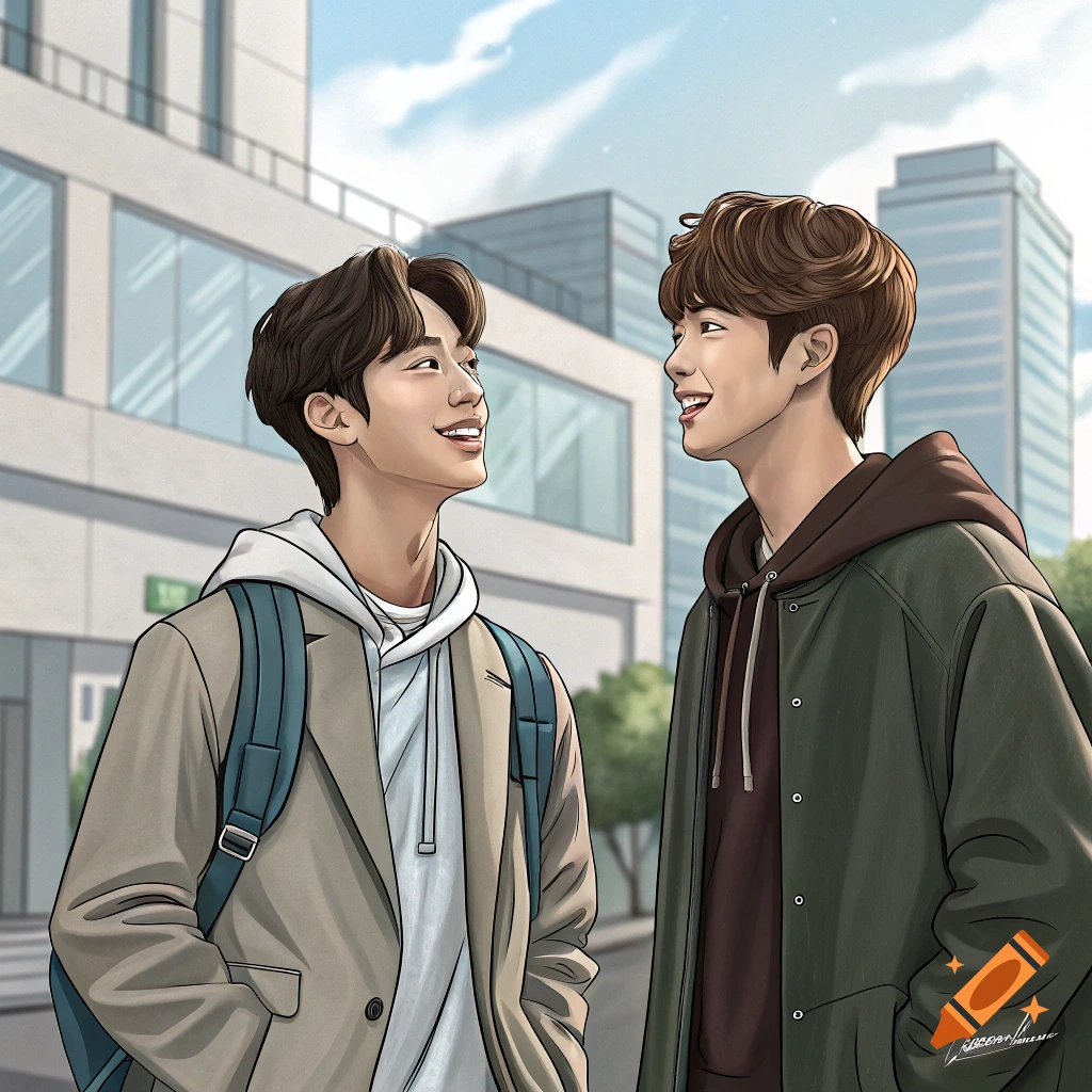 An illustration of two young men smiling at each other outside a modern building.