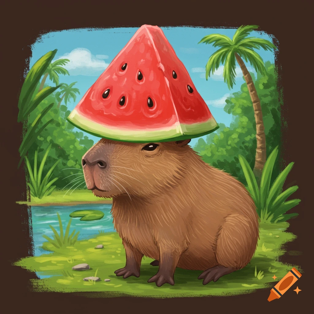 A capybara sits by a pond with a watermelon slice on its head in a jungle setting.