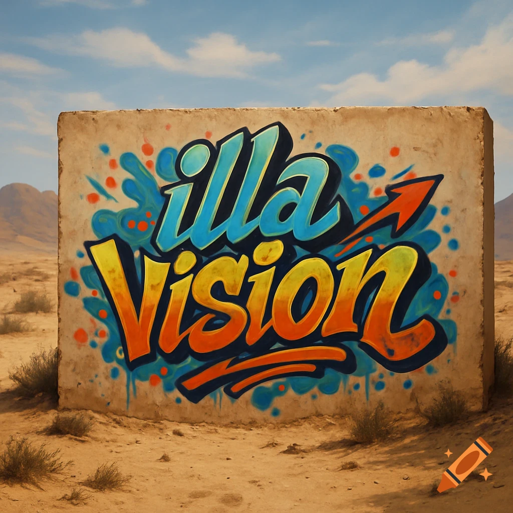 Graffiti art reading 'illa Vision' on a concrete wall in a desert landscape.