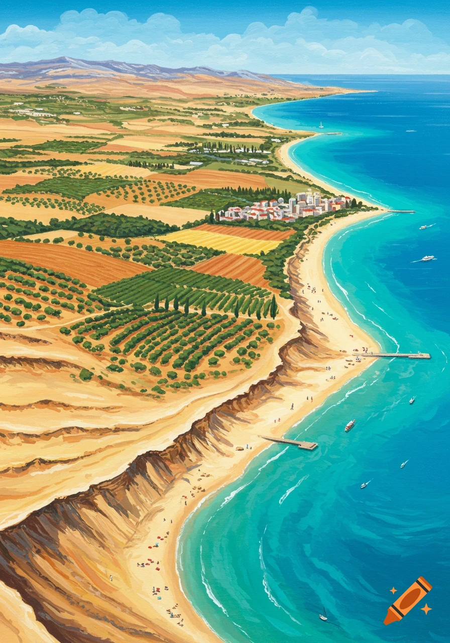 Aerial painting of a coastal landscape with fields, village, beach, and turquoise ocean.