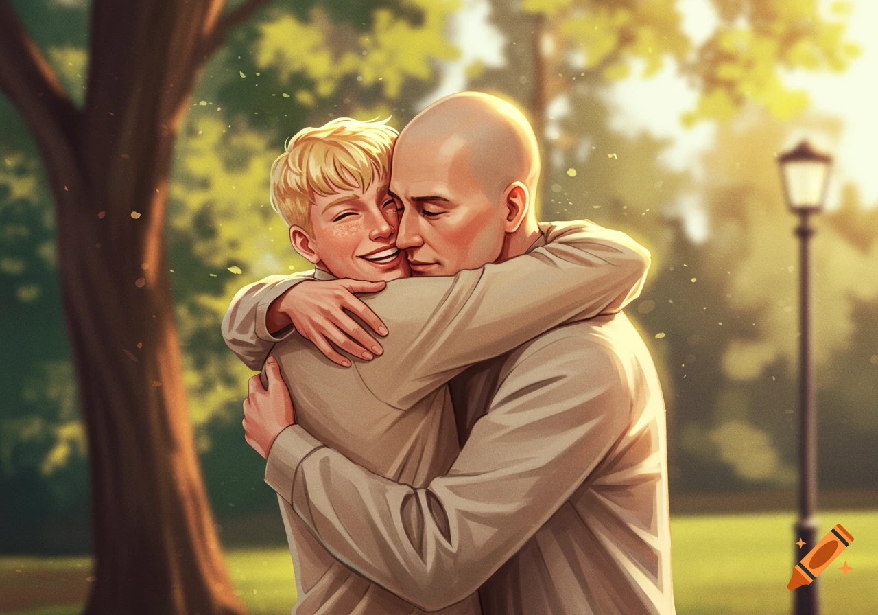 Two men hugging in a sunny park.