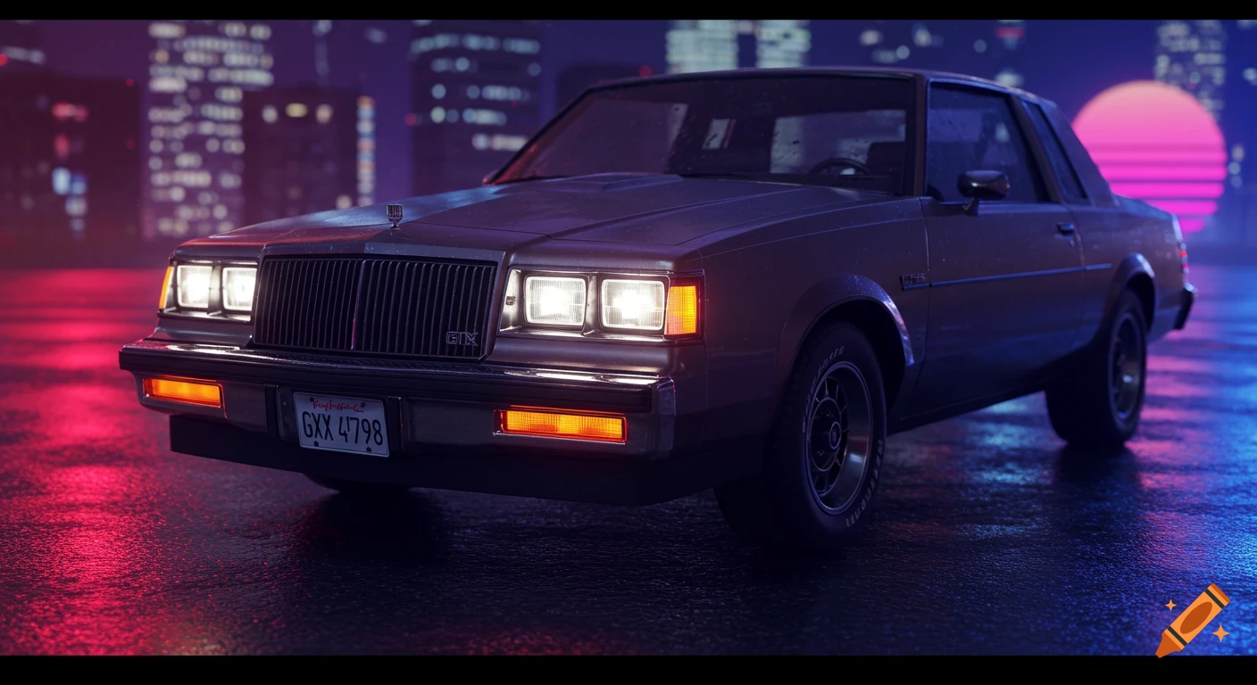 Retro car on wet street in synthwave city at night