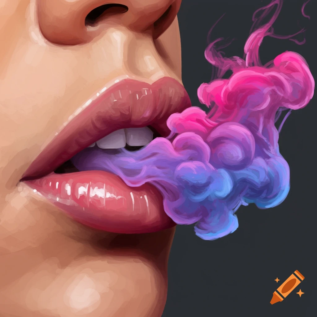 lips with colorful pink and blue smoke or vapor flowing out.