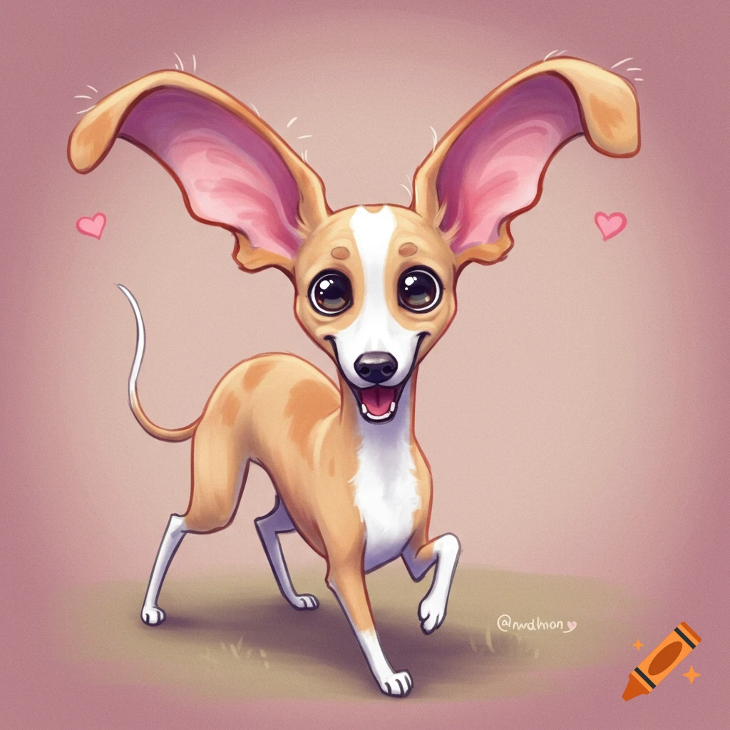 A cute cartoon whippet with big ears is running and smiling.