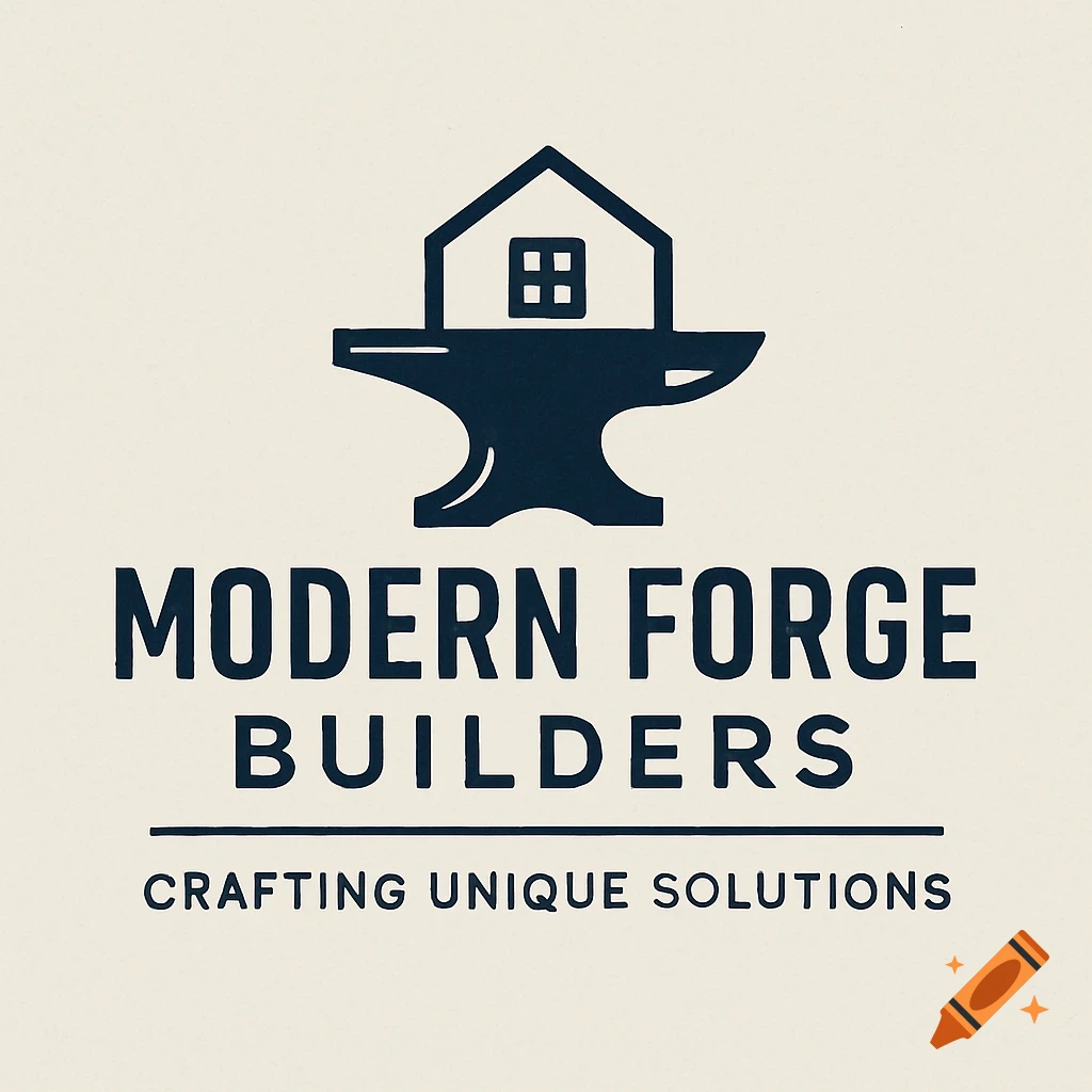 Logo for Modern Forge Builders featuring a house on an anvil and text.