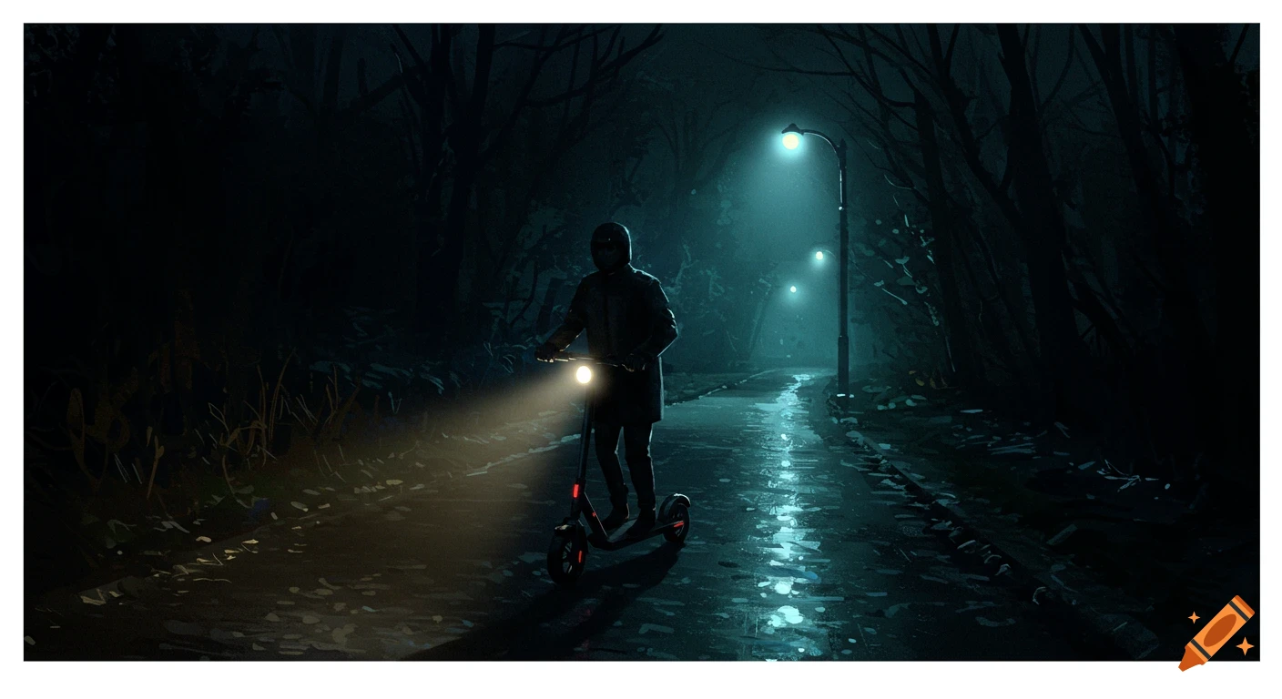A figure rides an electric scooter down a dark, wet path in a forest at night, illuminated by headlights.