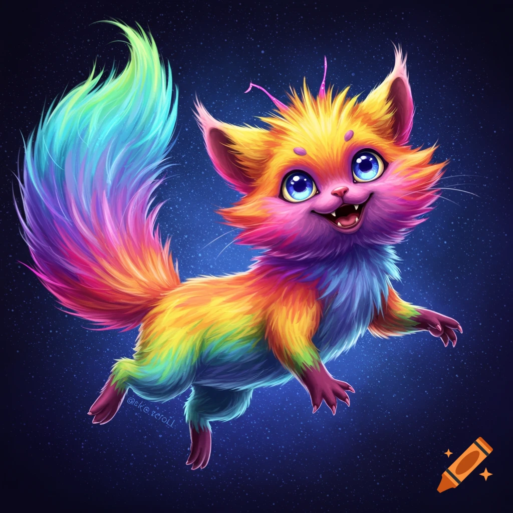 A cute, fluffy creature with rainbow fur and large blue eyes floating in starry space.