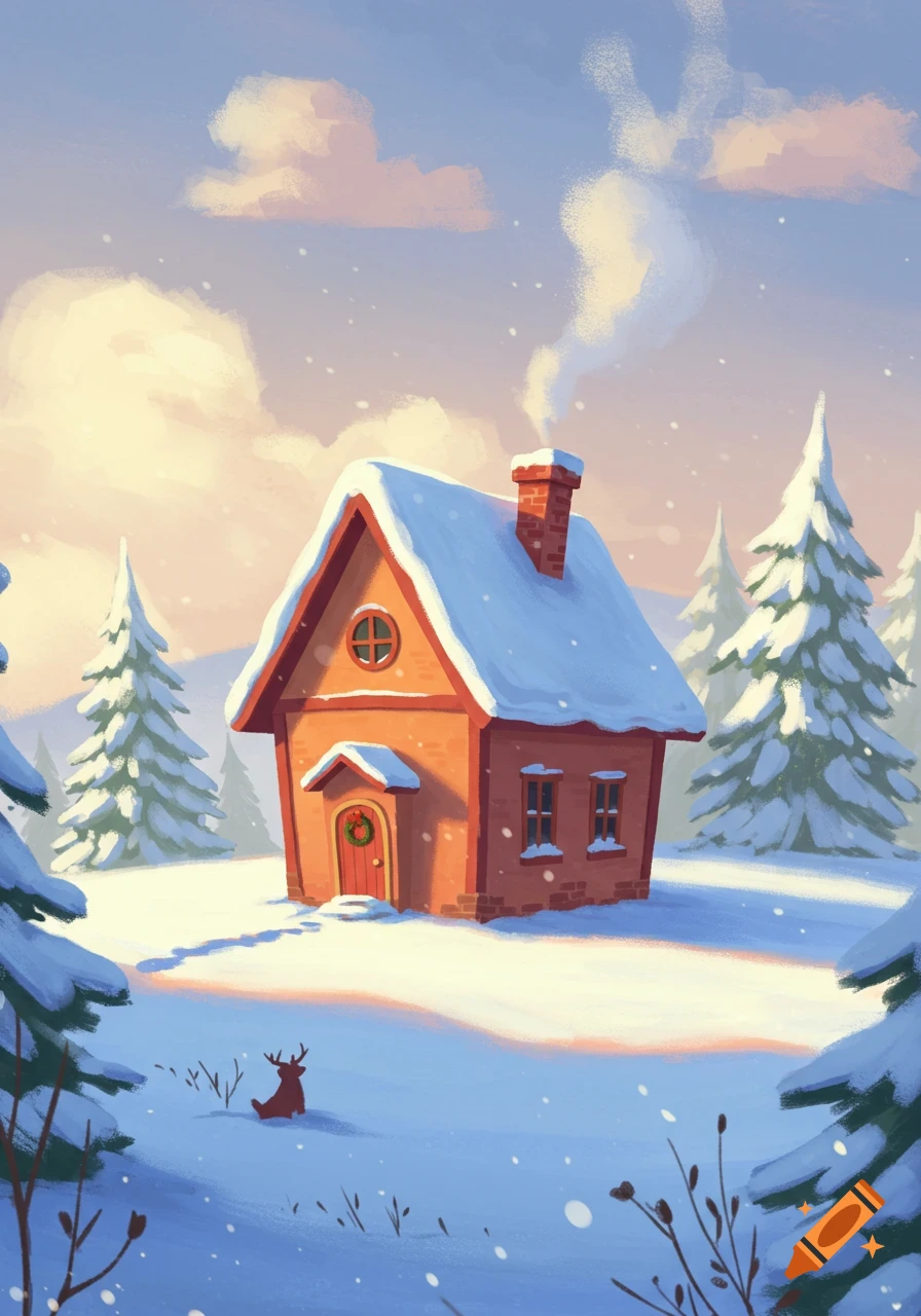 A small orange house in a snowy winter landscape with trees and a deer.