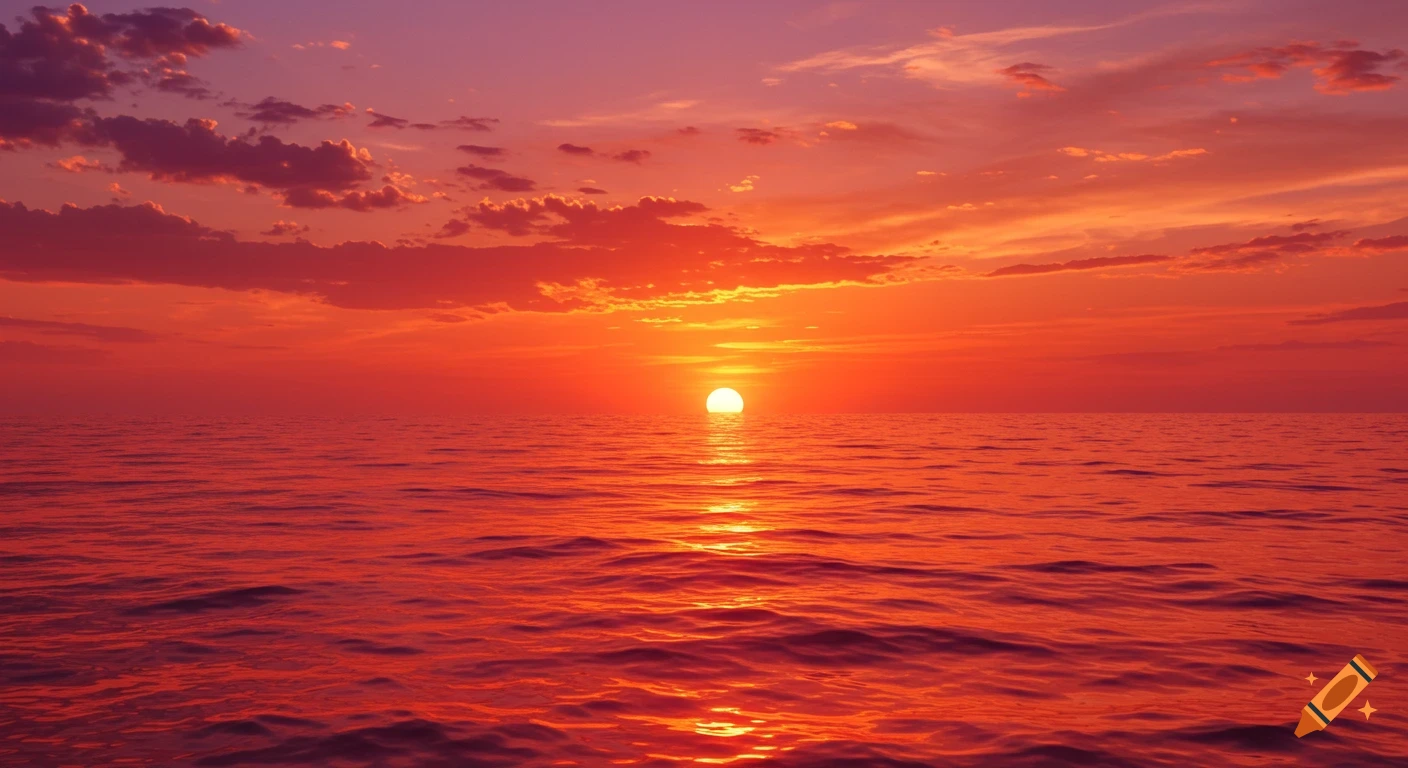Fiery red and orange sunset over the ocean