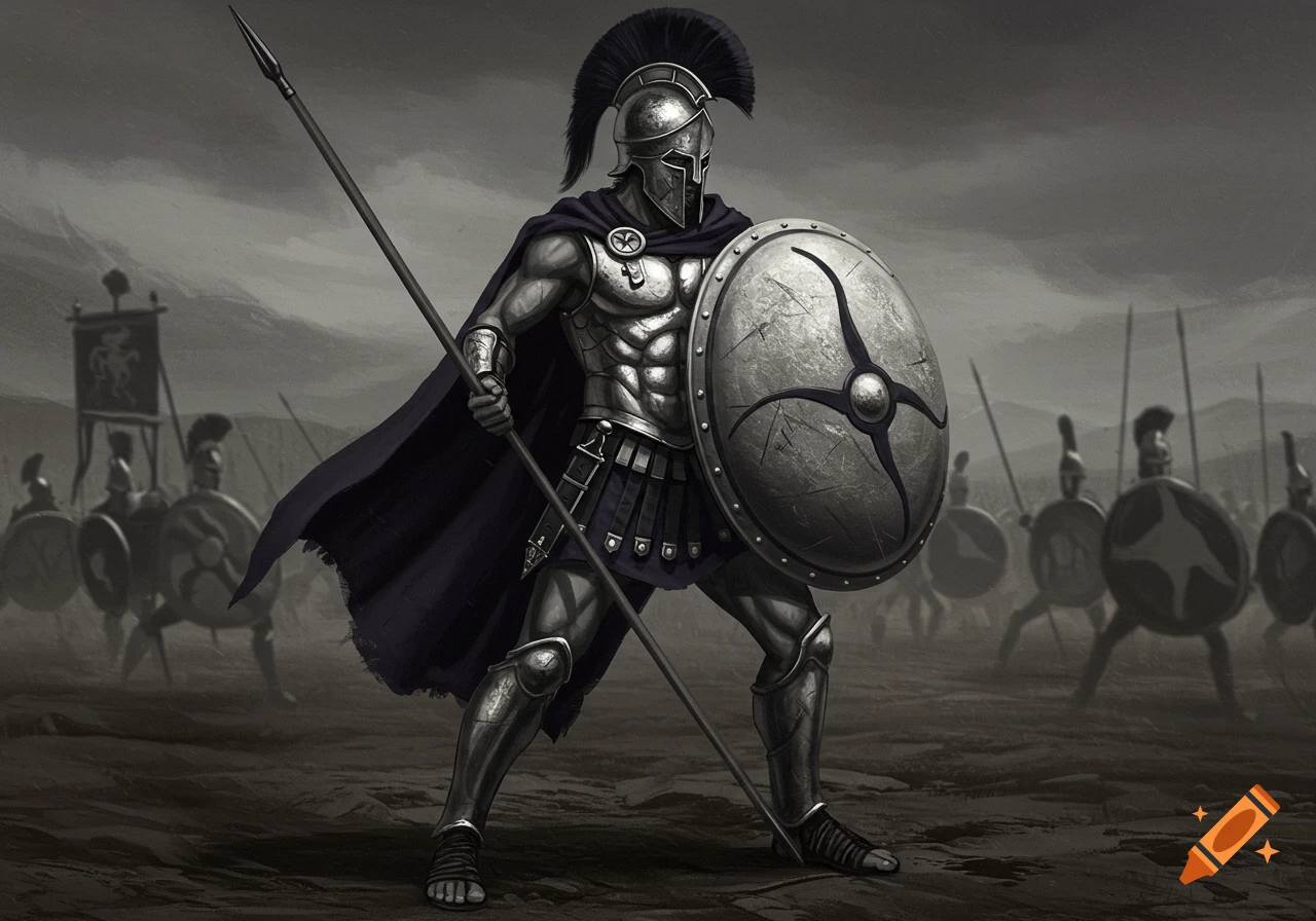 A Spartan-like warrior in silver armor and a navy cape, holding a spear and shield, stands before an army.