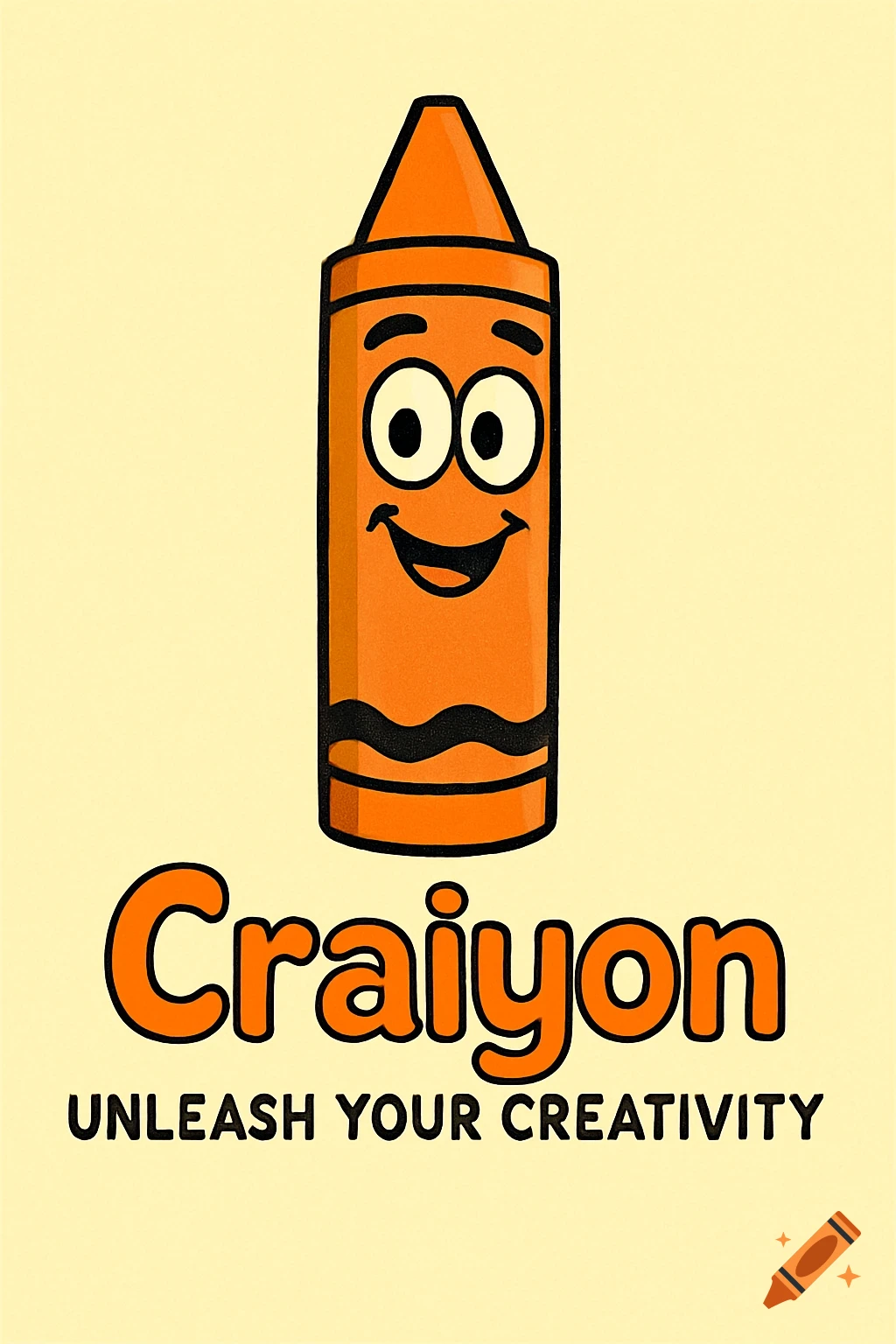 Cartoon orange crayon with a happy face and text Craiyon unleash your creativity