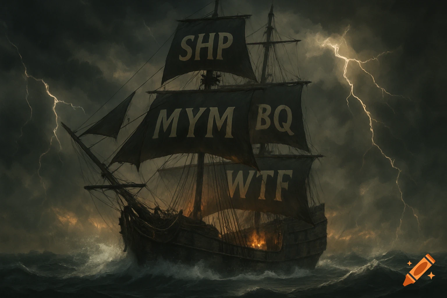 A pirate ship on stormy seas with lightning and fire, with text on the sails.