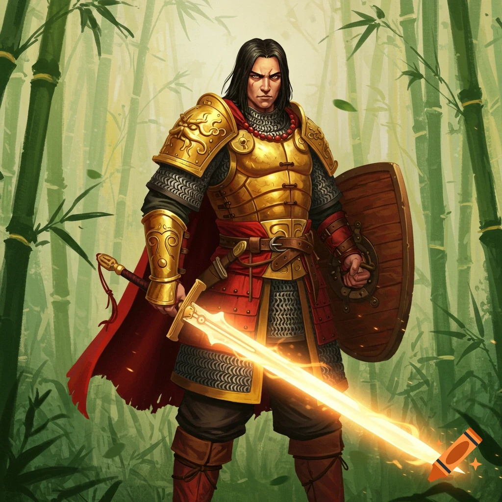 A paladin in golden armor with a glowing sword and shield stands in a bamboo forest.